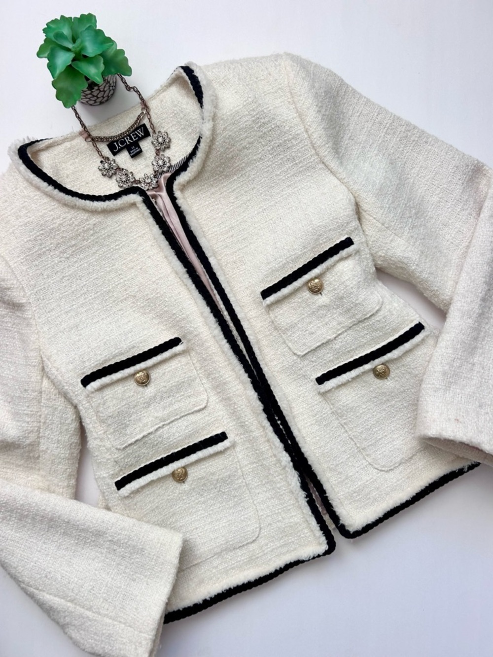 J. Crew Frances Lady Jacket in Maritime Tweed White Black Size 12 BT548